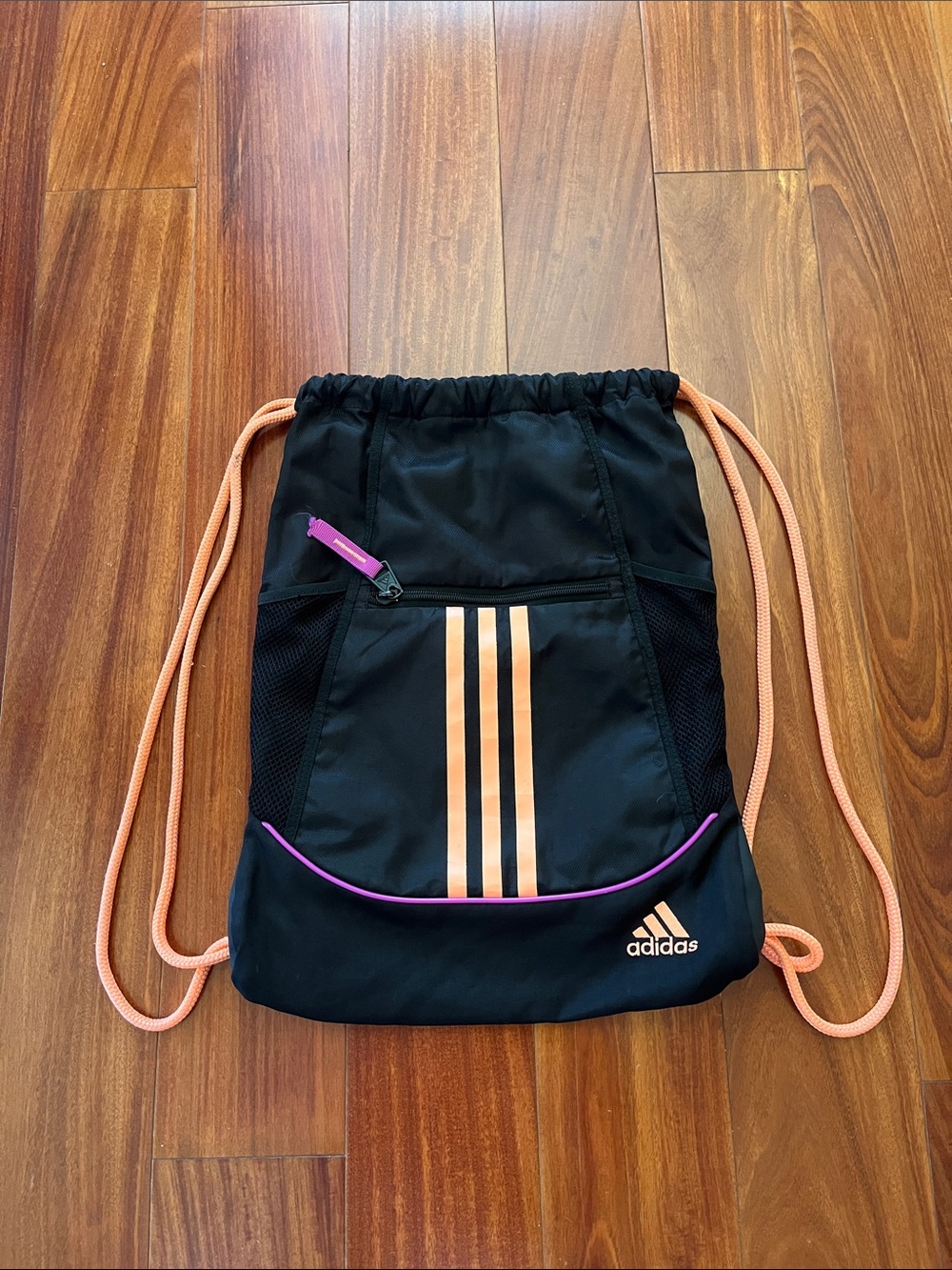 Adidas Black Drawstring Backpack Gym Sack Bag Pink Purple Striped